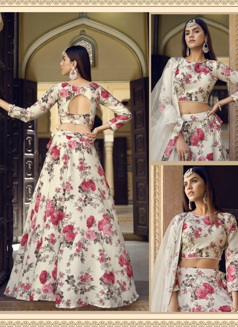 Off White Silk Crop Top Lehenga Choli With Lace Border-2