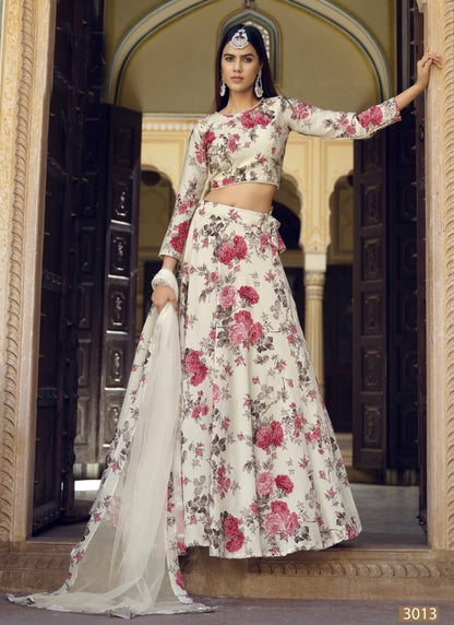 Off White Silk Crop Top Lehenga Choli With Lace Border