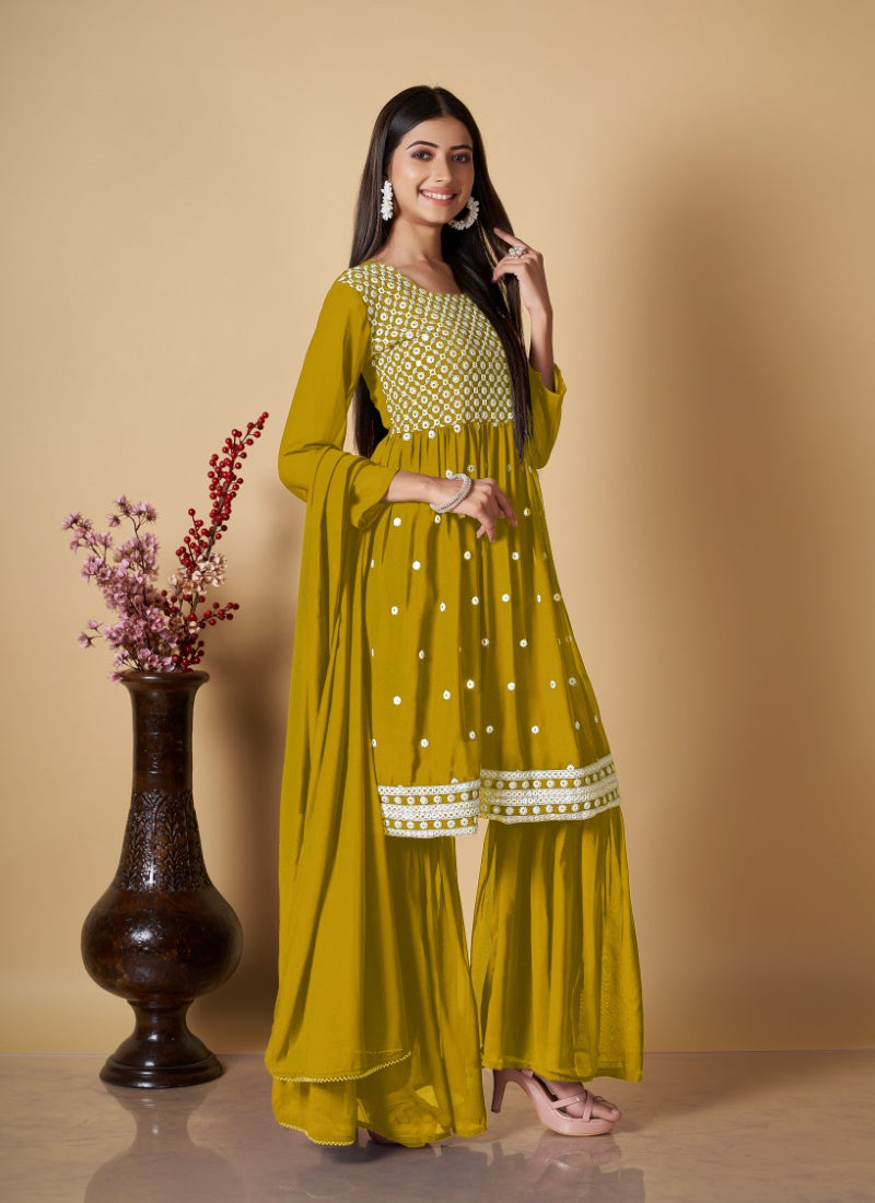 Mustard Georgette Sharara Suit With Embroidered and Mirror Work