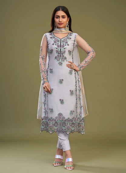 Lavender Silk Pant Style Salwar Suit with Thread Work