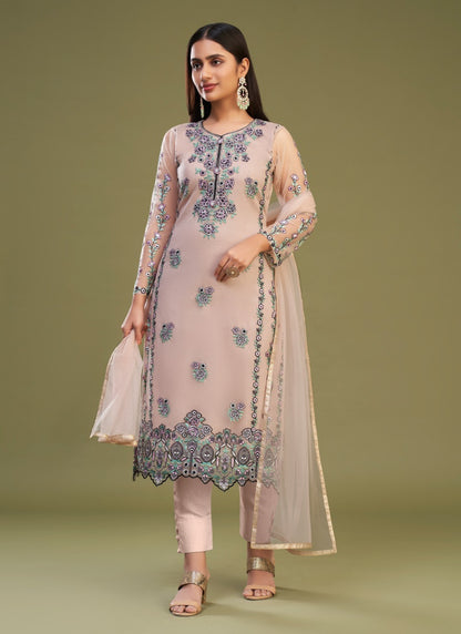 Peach Silk Pant Style Salwar Suit with Thread Work-2