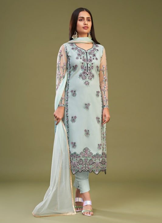 Aqua Blue Silk Pant Style Salwar Suit with Thread Work