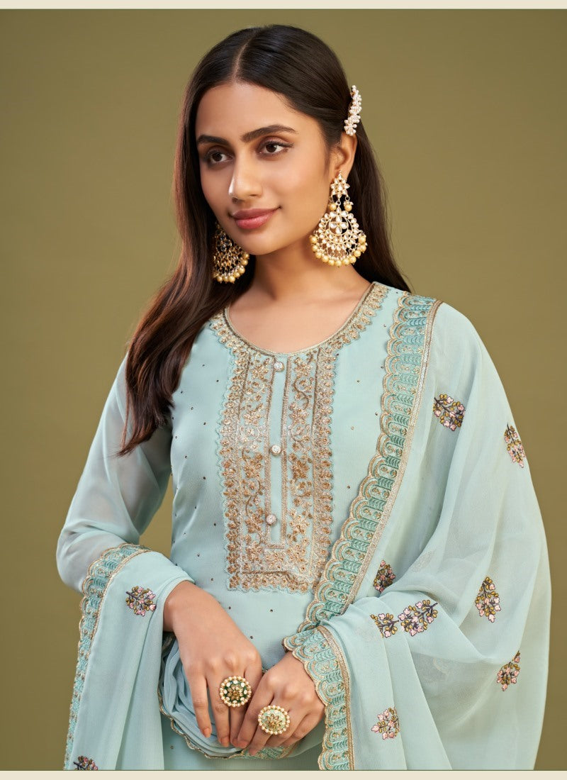 Aqua Blue Georgette Salwar Suit With Thread and Embroidery Work-2