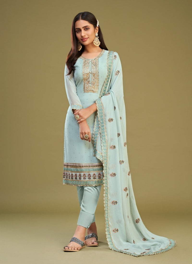 Aqua Blue Georgette Salwar Suit With Thread and Embroidery Work