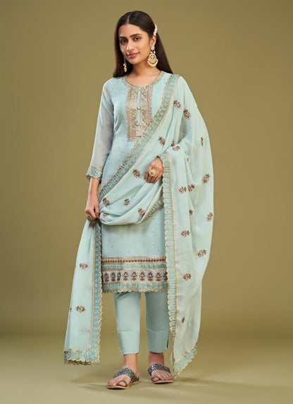 Aqua Blue Georgette Salwar Suit With Thread and Embroidery Work-2