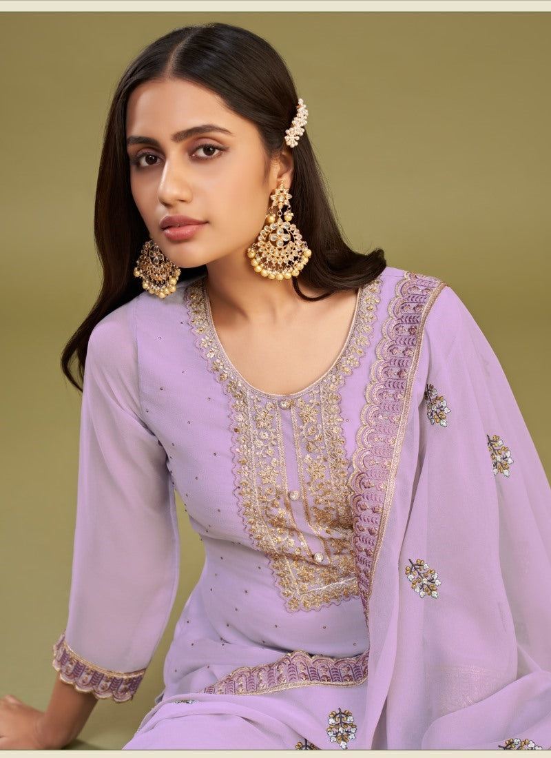 Lavender Georgette Salwar Suit With Thread and Embroidery Work-2