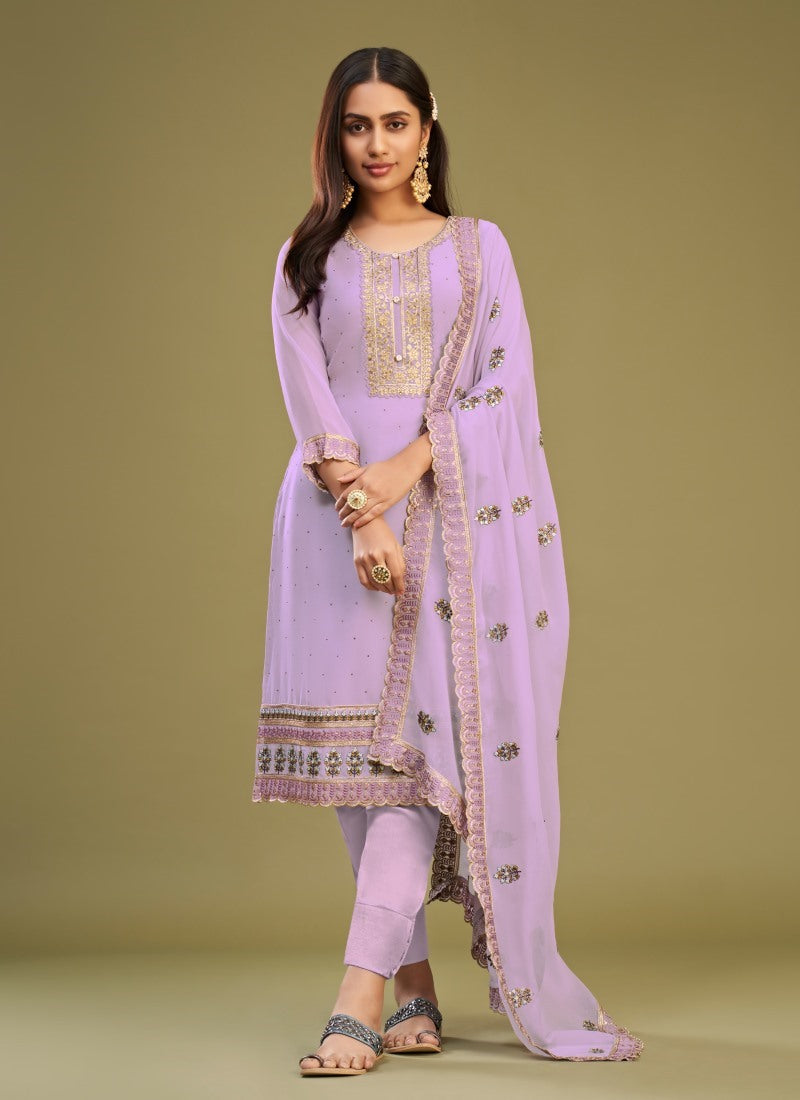 Lavender Georgette Salwar Suit With Thread and Embroidery Work-2