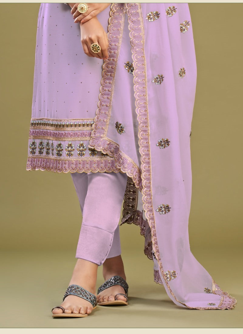 Lavender Georgette Salwar Suit With Thread and Embroidery Work-2