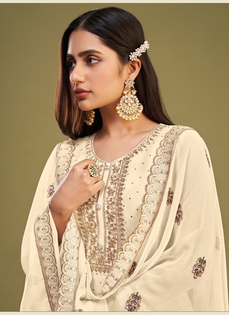 Beige Georgette Salwar Suit With Thread and Embroidery Work-2