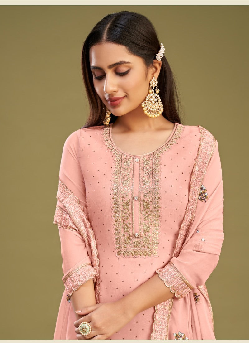 Peach Georgette Salwar Suit With Thread and Embroidery Work-2