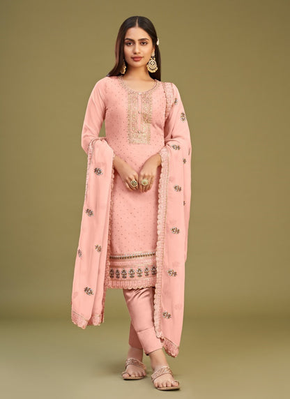 Peach Georgette Salwar Suit With Thread and Embroidery Work-2