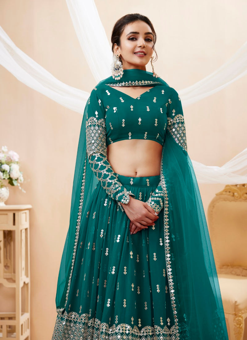 Teal Georgette Lehenga Choli With Sequins and Zari Work-2