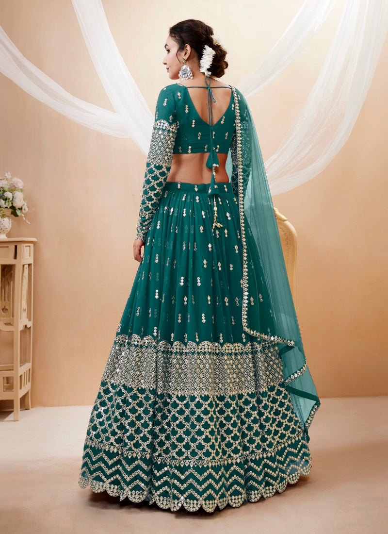 Teal Georgette Lehenga Choli With Sequins and Zari Work-2