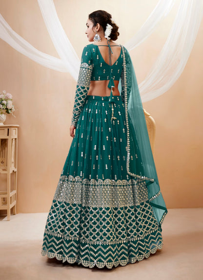 Teal Georgette Lehenga Choli With Sequins and Zari Work-2