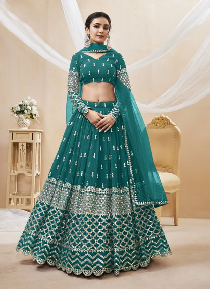 Teal Georgette Lehenga Choli With Sequins and Zari Work