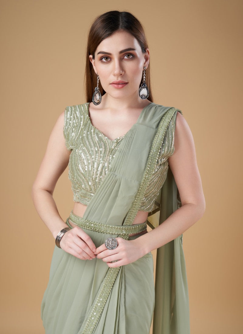 Light Green Georgette Party Wear Saree With Embroidered Border-2