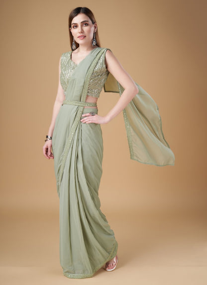 Light Green Georgette Party Wear Saree With Embroidered Border-2