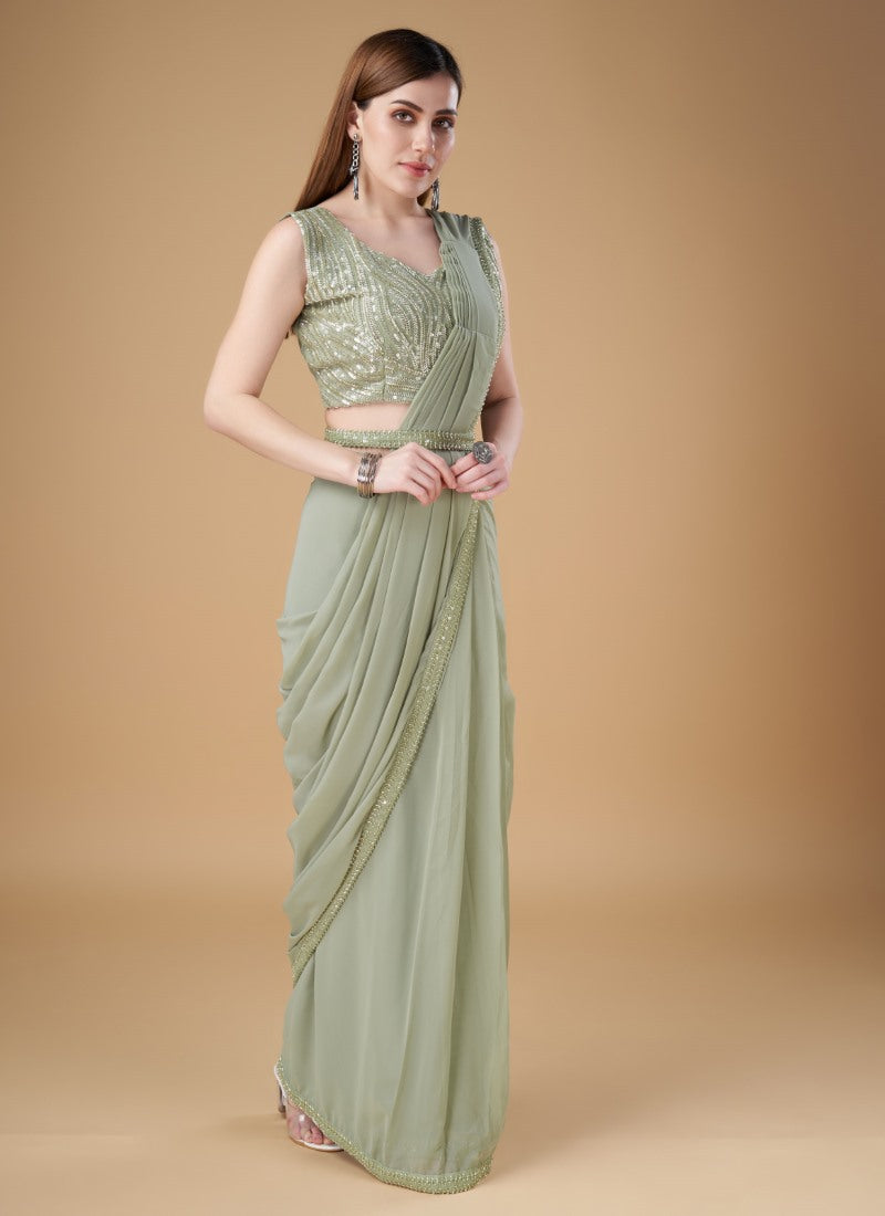 Light Green Georgette Party Wear Saree With Embroidered Border