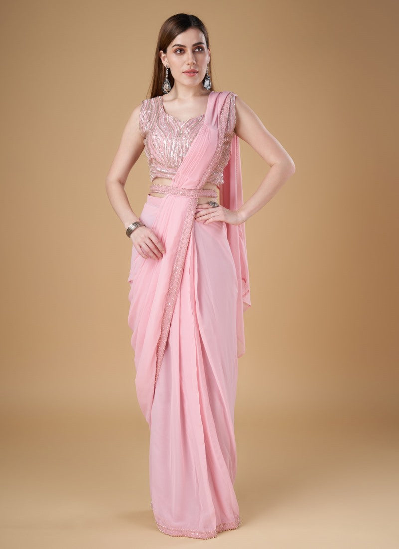 Pink Georgette Party Wear Saree With Embroidered Border-2