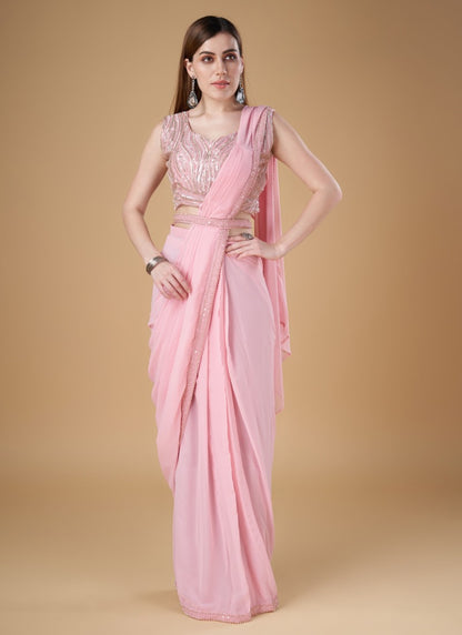 Pink Georgette Party Wear Saree With Embroidered Border-2