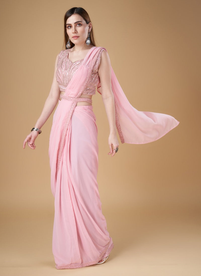 Pink Georgette Party Wear Saree With Embroidered Border-2