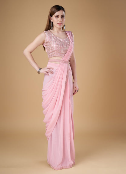 Pink Georgette Party Wear Saree With Embroidered Border-2