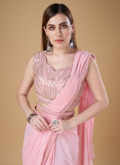 Pink Georgette Party Wear Saree With Embroidered Border-2