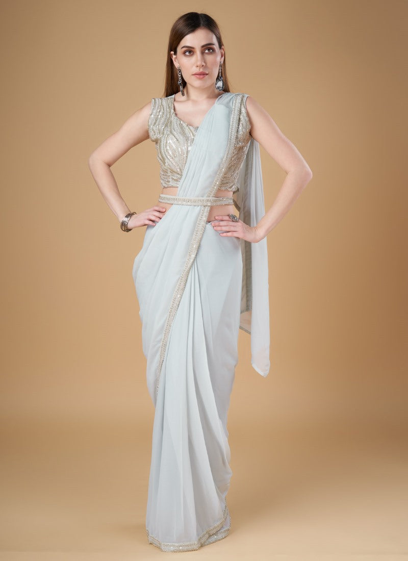 Sky Blue Georgette Party Wear Saree With Embroidered Border-2