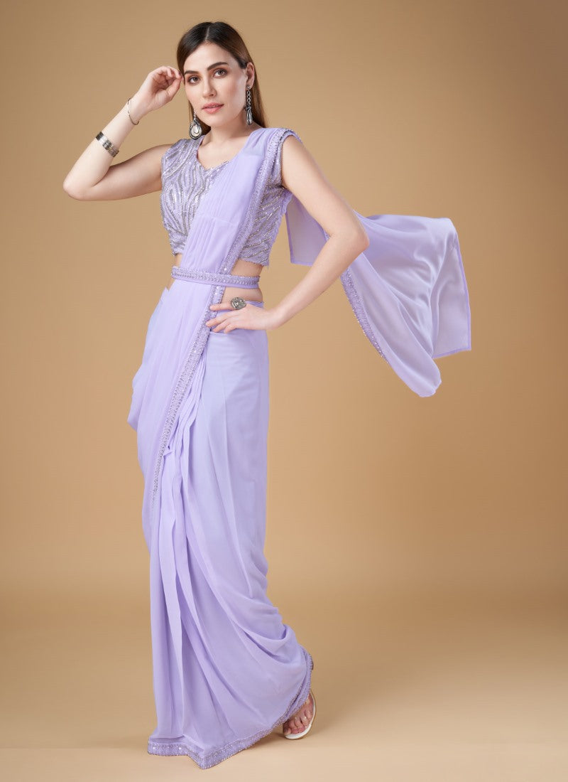 Lavender Georgette Party Wear Saree With Embroidered Border