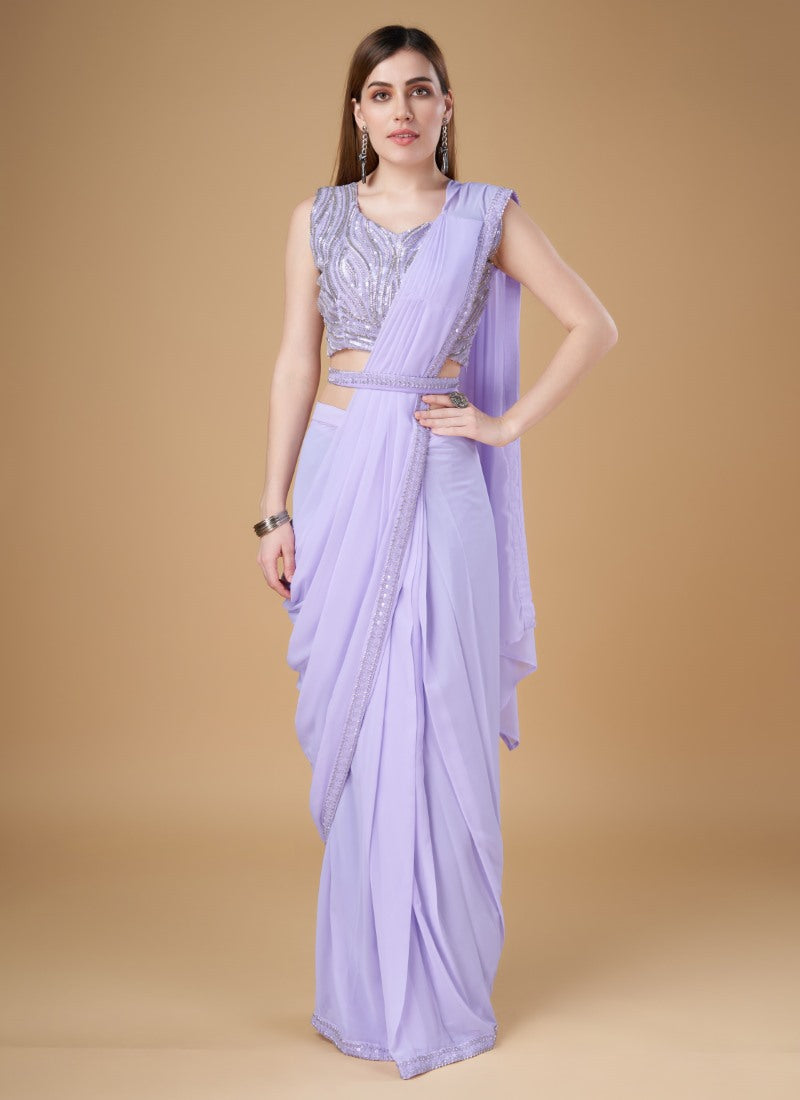 Lavender Georgette Party Wear Saree With Embroidered Border-2