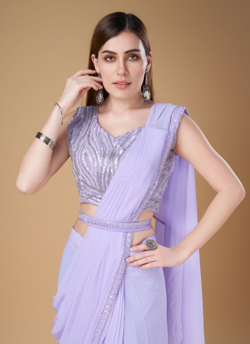 Lavender Georgette Party Wear Saree With Embroidered Border-2