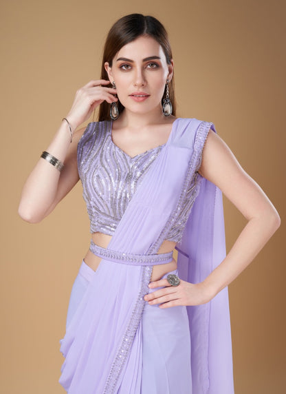 Lavender Georgette Party Wear Saree With Embroidered Border-2