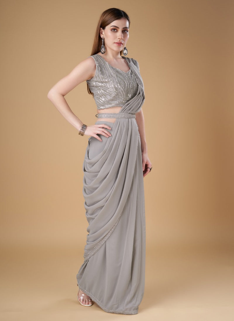 Gray Georgette Party Wear Saree With Embroidered Border