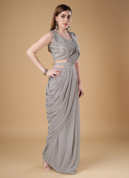 Gray Georgette Party Wear Saree With Embroidered Border