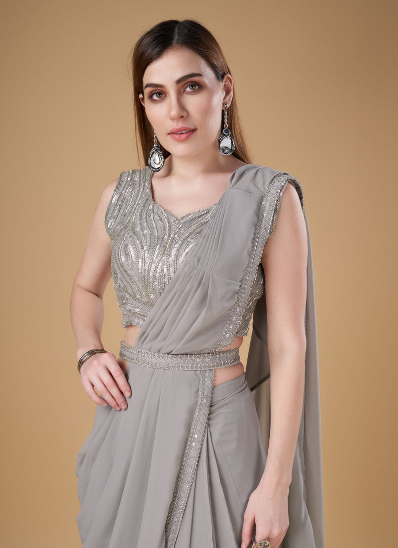 Gray Georgette Party Wear Saree With Embroidered Border-2