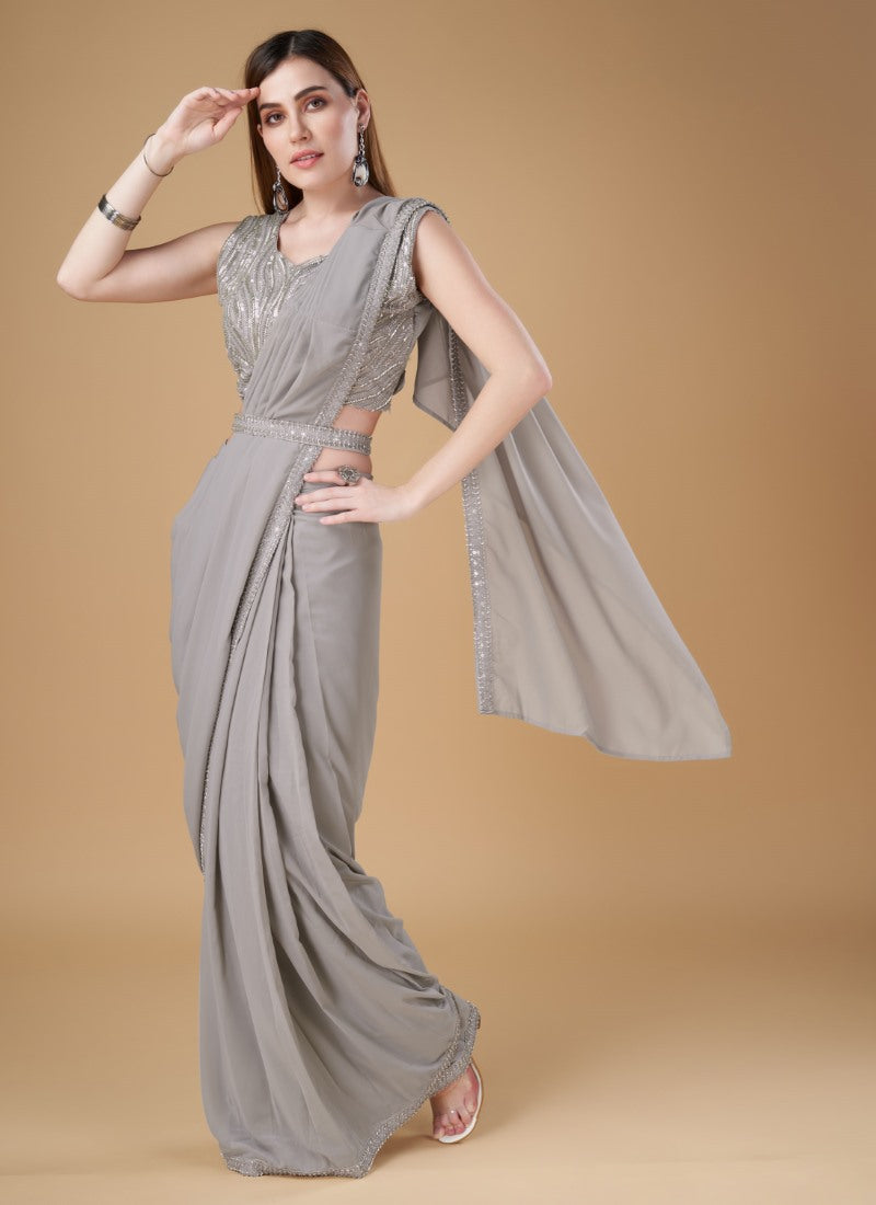 Gray Georgette Party Wear Saree With Embroidered Border-2