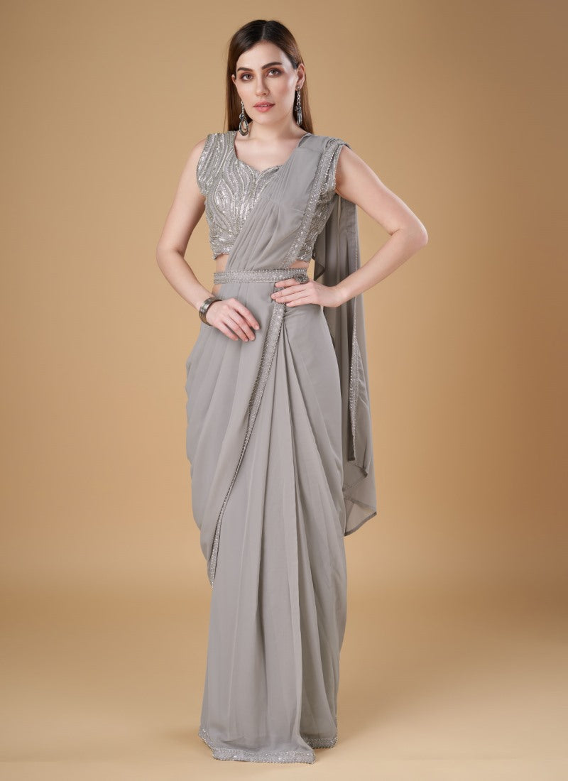 Gray Georgette Party Wear Saree With Embroidered Border-2