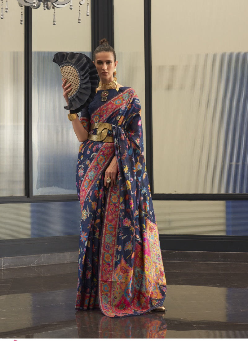 Navy Blue Silk Floral Handloom Weav Saree