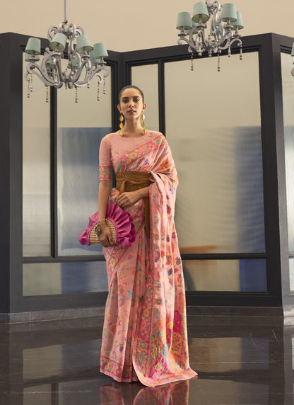 Peach Silk Floral Handloom Weav Saree