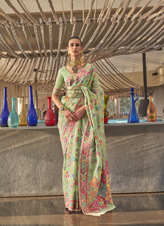 Pista Green Silk Floral Handloom Weav Saree
