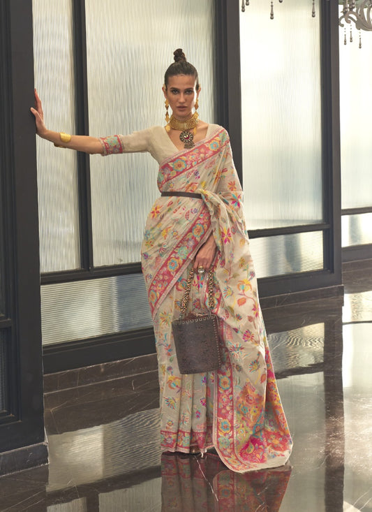 Off White Silk Floral Handloom Weav Saree