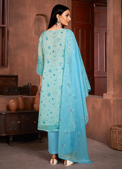 Blue Organza Salwar Suit with Embroidery and Sequins Work