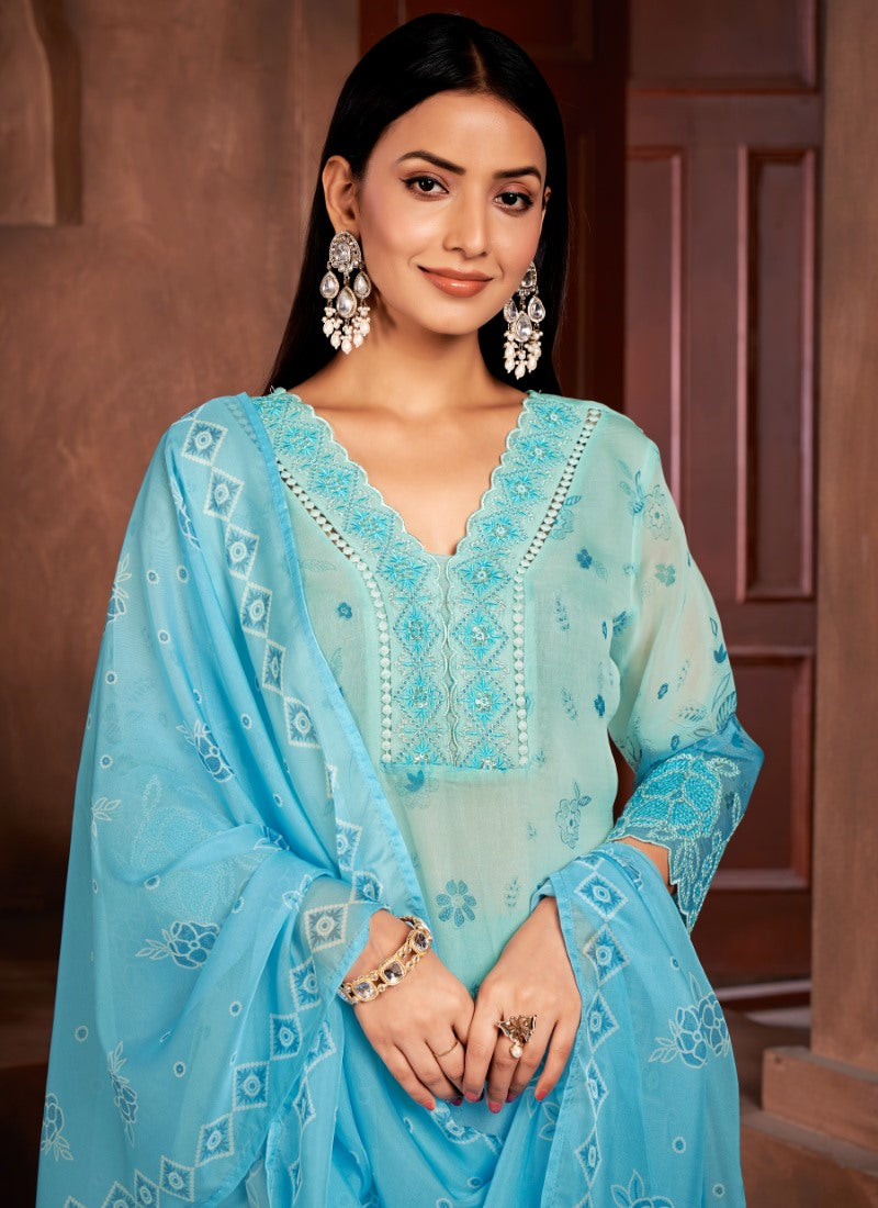 Blue Organza Salwar Suit with Embroidery and Sequins Work