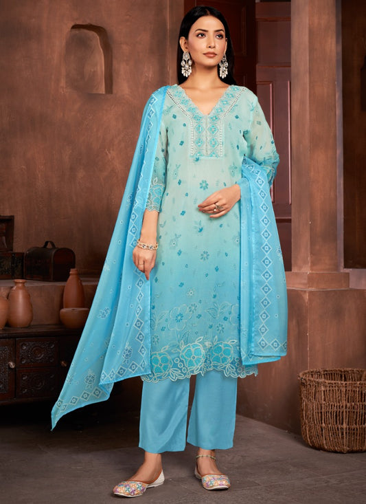 Blue Organza Salwar Suit with Embroidery and Sequins Work