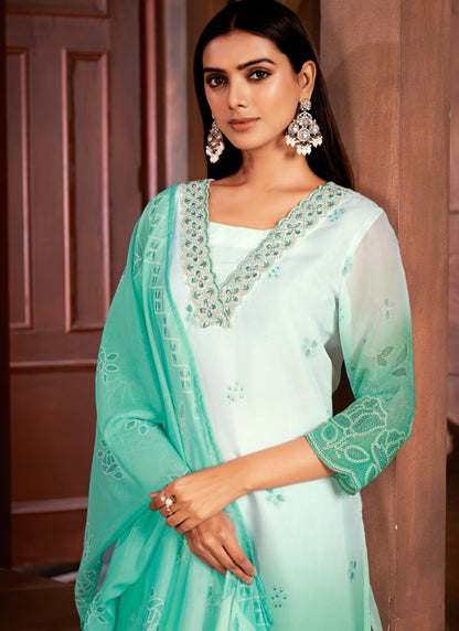 Green Organza Salwar Suit with Embroidery and Sequins Work