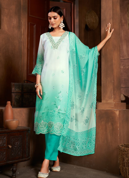 Green Organza Salwar Suit with Embroidery and Sequins Work