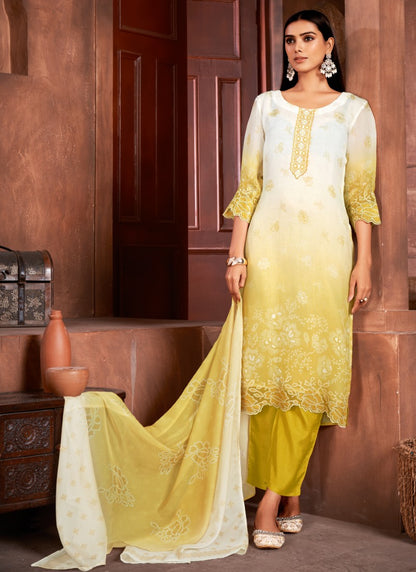 Yellow Organza Salwar Suit with Embroidery and Sequins Work