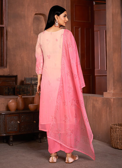 Pink Organza Salwar Suit with Embroidery and Sequins Work