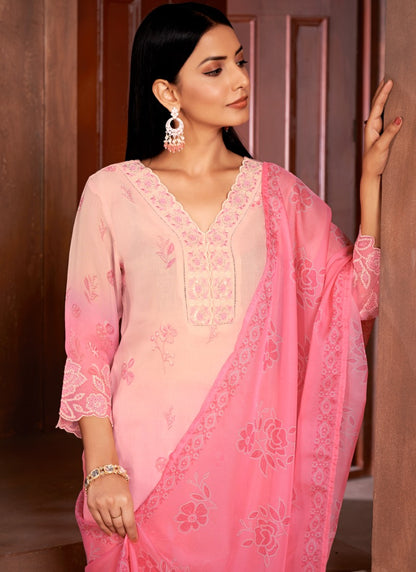 Pink Organza Salwar Suit with Embroidery and Sequins Work