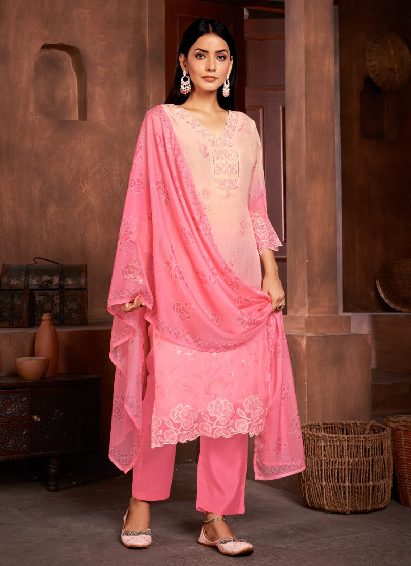 Pink Organza Salwar Suit with Embroidery and Sequins Work